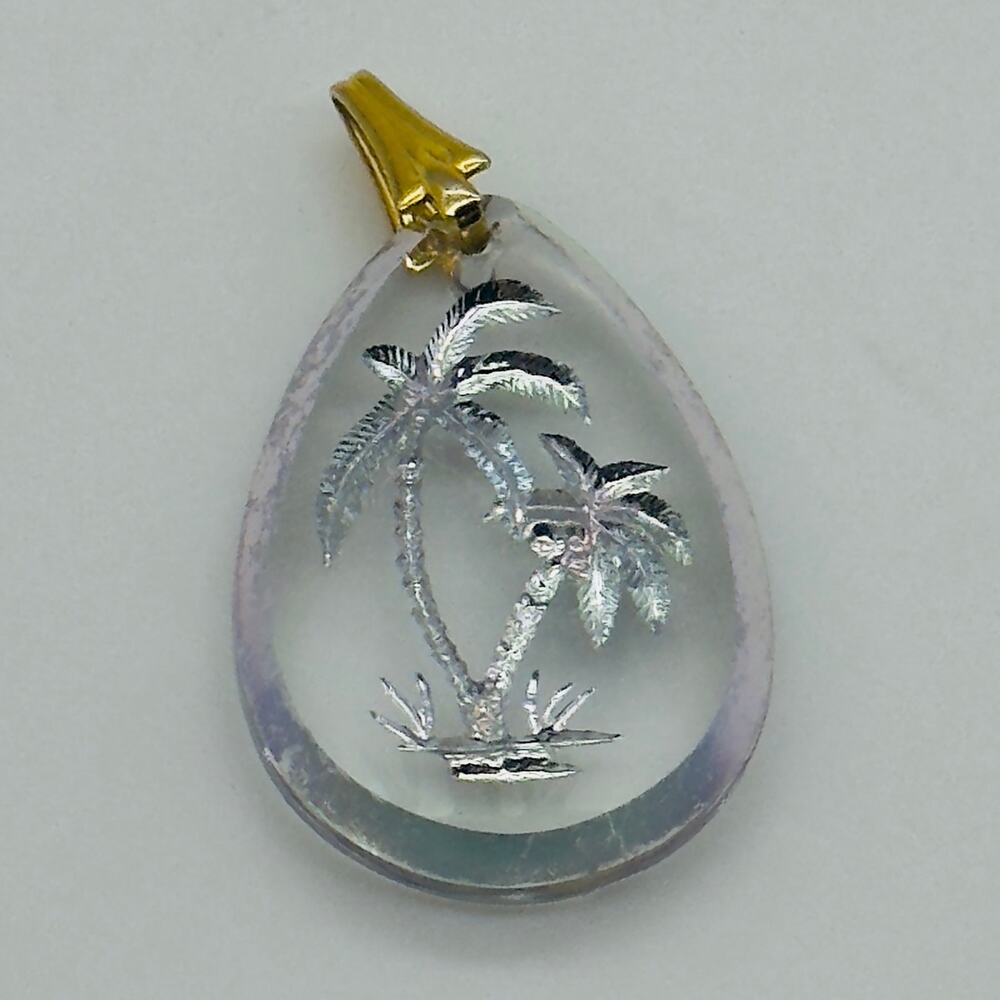 Double Palms on Vintage German Intaglio Teardrop Pendant on Clear Glass